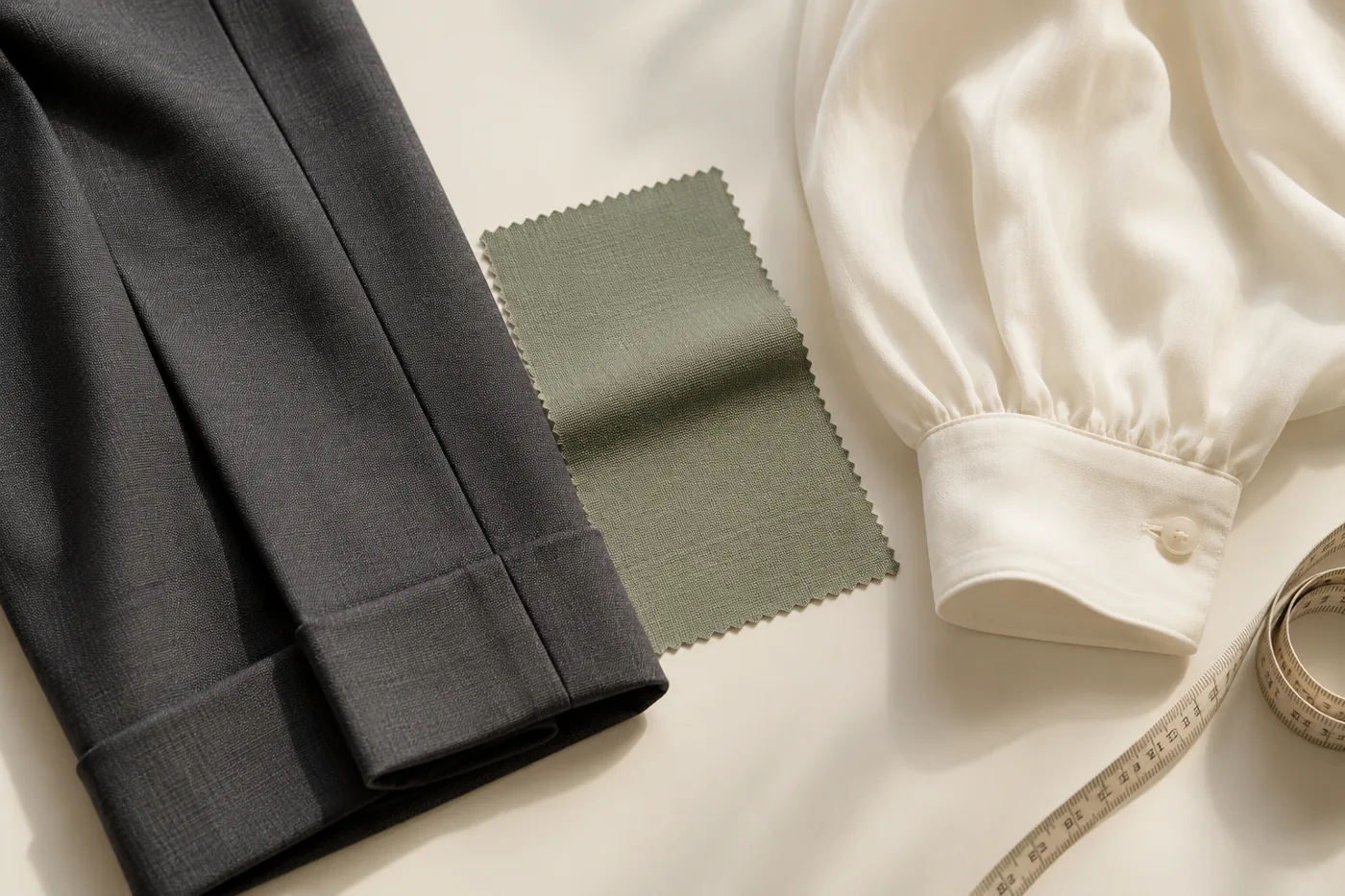 Charcoal trousers, an ivory blouse and a sage green swatch arranged with a measuring tape.